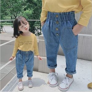 Chegada outono meninas de jeans calças crianças crianças jeans sólidos cintura alta com bottons moda moda fofa jeans lj201127