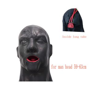 3D Latex Hood Rubber Mask Closed Eyes Fetish with Red Mouth Gag Plug Sheath Tongue Nose Tube Long and Short for Men 220715