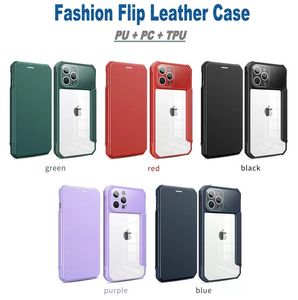 Card Slot Stand Holder Magnetic Flip Leather Slim Fodral för iPhone 13 12 Mini 11 Pro Max XR 7G 8 SE3 Samsung S22 Ultra S21 Plus Clear Back Acrylic PC TPU Book Case Cover