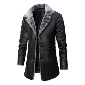 Men Long Pu Leather Coat Boys Winter Velvet Dikke Windscheiding Lange mouw Top Faux Fur Oversized Jacket xl Button Up Overcoat L220725