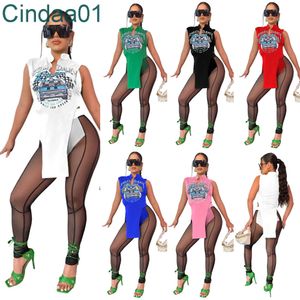 Kvinnor 2-stycken Mesh Pencil Pants Outfits Summer Casual Digital Print Oregelbundna T-shirts Sheer Yoga Leggings Matching Set