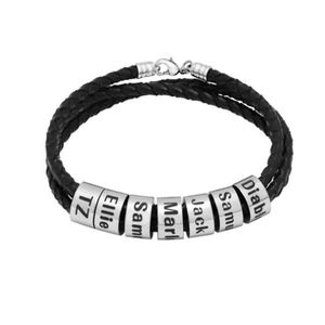 Personalized Mens Braided Genuine Leather Bracelet Stainless Steel Custom Beads Name Charm Bracelet for Men with Family Names GC1295