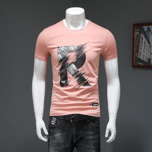 Erkekler Yaz Kısa Kollu T-Shirt Nedensel İnce Pamuk Yuvarlak Boyun Erkek Üstleri Alfabe R Baskı Tees Pembe Gömlek Gençlik Üssü Mercerize Pamuk Yüksek Kaliteli Adam Giyim M-4XL