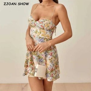 Retro French Yellow Green Floral Grass Print Strap Dress Sexy Women Lacing Up Sling Short Dresses Holiday Robe 220516