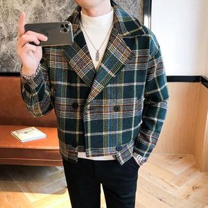 Men's Trench Coats Autumn Winter Men Woolen Short Slim Fit Korean Plaid Fashion Jacket Mens Double-Breasted Casual Tweed Hommes Viol22