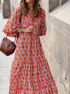 Abiti casual Moda estiva Stampato Maxi abito da donna Manica a sbuffo Vintage lungo allentato da donna Elegante abito da spiaggia BohoCasual