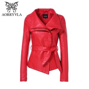 AORRYVLA SPRING Women Leather Jacket Red Color Turn-Down Collar Kort längd Slim Style Fashion Faux Leather Jacket 201214