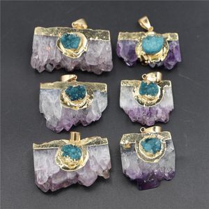Colares pendentes de ametas de pedra natural fatias druzys agates designer encantos de cristal azul colar de quartzo masculino de laje cru geode 6pcs