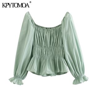 KPYTOMOA Women Sweet Fashion Stretch Ruffled Blouses Vintage Square Kołnierz trzy ćwierć rękawowe koszule Chic Tops 201202