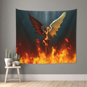 Tapestries Hell Witchcraft Angel Devil Satan In Fire Tapestry Wall Hanging Blanket Backdrop Hippie For Bedroom Living Room Dorm Dormitory