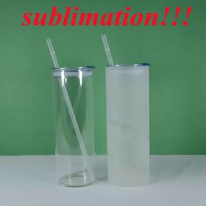 25oz Sublimation Glass Blank Straight Tumbler Glass Water Bottle with Slide Lids Reusable Straw Beer Can Soda Can Summer Drinking Cups