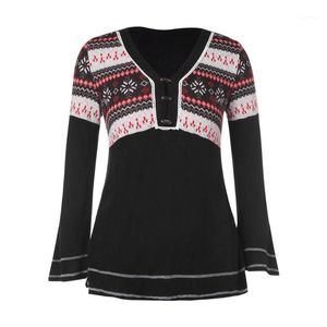 Kadın Bluzlar Gömlek Artı Boyutu V Boyun Düğmeleri Flare Kollu Noel Kar Tanesi Tee Siyah Bluz Chemise Blanche Femme Şeffaf