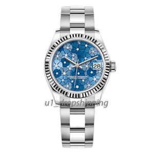 Luxury women Automatic Mechanical Watch 31mm small watches blue Cherry Blossom Dial all Stainless Steel Strap Automatic Calendar