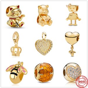 925 Srebrny urok koraliki Dangle Lucky Cat Bear Bee Fine Koralik Fit Pandora Charms Bransoletka DIY Akcesoria biżuterii
