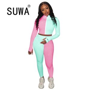 Partihandel slipsfärgbyxor Set Tracksuit For Women Two Piece Sexy Club Outfits Long Sleeve Crop Top Soft Sweatpants Lounge Wear 210525