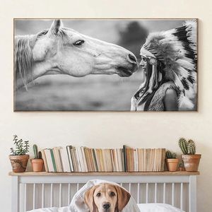 Modern Indian Woman and White Horse Dipinti su tela Poster e stampe Wall Art Immagini astratte Decorazioni per la casa Cuadros