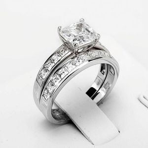 Ringos de cluster Fashion Square Princess Cut Topaz Gemstone Conjunto 2-em 1 Luxo 925 Casamento de prata para mulheres Giftcluster de joias