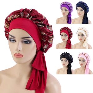 Elastiskt band Stor Satin Bonnet Sova Cap Women Butterfly Mönster Ankara Skriv ut Hat Justerbar Natt Sömn Cap Soft Headcover