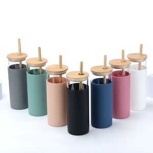 Hem 500 ml Glass Tumbler 16oz Glass Cup Travel Water Bottle With Silicone Protective Sleeve Bamboo Lid Straws BPA Free ZC1138