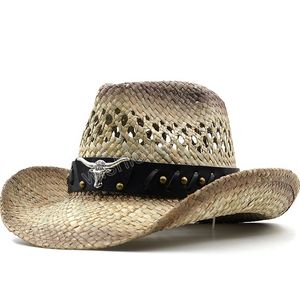 Hollow Wide Brim Straw Hat Cowboy Hats Western Beach Felt Sunhats Party Cap för Man Women Summer Jazz Hat