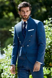 Abiti da uomo Blazer Vintage Blu Navy Slim Fit Uomo 2 pezzi Set Smoking da sposo da sposa Business Moda maschile Prom Blazer Pantaloni Costume Homm