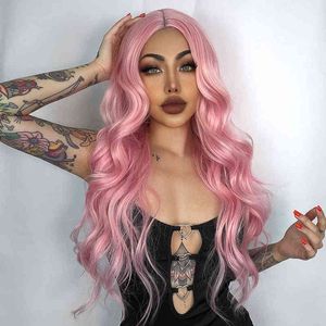 Aisi Hair Synthetic Long Wavy Wig Pink for Women Side Part Natural Black Coplay Halloween Heat Reitant 220622