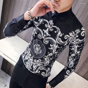 Herrklänningskjortor paisley tryck män skjorta camisa smal passform maskulina social formell för koreanska kläder prom club shirtmen's vere22