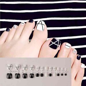 False Nails Full Cover Fake Toenails Short Square Wearable with Glitter Strip Design Foot Art Tips s Nail Decor 0616