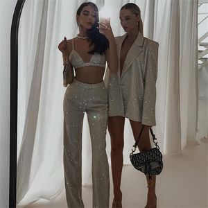 Kadınlar iki parçalı pantolon moda kamisole ince fit düz yüksek bel sokak parıltı ceket gece kulübü takım elbise takım elbise