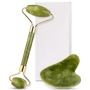 2in1 Set Green Natural Jade Roller Guasha Gua Sha Scraper Tools Stone Face Massager för Neck Back Jawline Skin Care Lifting With Box