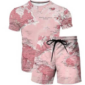 Erkeklerin Trailtsits Trailtsuit Set Adam Erkek Bezi 2 Parça Yaz Ülke Haritası Deseni Sıradan Erkekler Setler Kısa Kıyafetler T Shirt Şort Streetsw