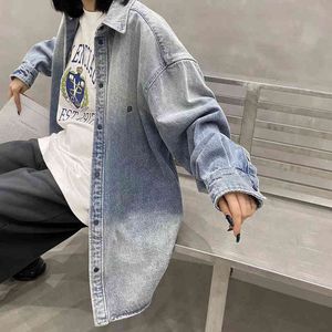 Women s Blouses Shirts old washed denim button on shirt jacket blue silhouette handsome men and women alike TTZP