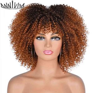 Saç sentetik peruklar cosplay kısa saç afro kinky kıvırcık peruklar ile patlama ile Afrika sentetik ombre glueless cosplay siyah kadınlar için yüksek sıcaklık 220225