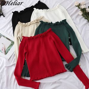 Heliar Women Off Wleck Sweater Случайный джемпер с длинным рукавом рюшики с эластичным вязаным урожаем. Женщины Осень 220815