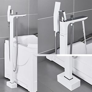 Wholesale floor mounted taps for sale - Group buy Floor Mounted Bathtub Shower Faucet Handheld Finish Standing Black White BathTub Water Mixer Taps Waterfull258n