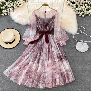 Spring summer new women's o-neck lantern long sleeve high waist int print retro gauze mesh big expansion long dress