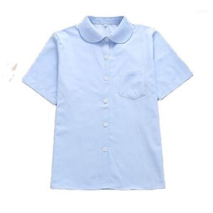 Kvinnors Blusar SHIRTS 2022 Vår och höst Japanska Studenter Rund hals Kortärmad JK Uniform Light Blue Shirt Impermeable Top Blouse