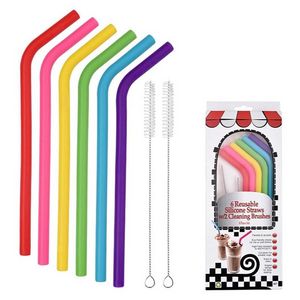 6pcs+2brush/set 23CM Candy Colors Silicone Straw Reusable Folded Bent Straight Straw Home Bar Accessory Silicone Tube B0509