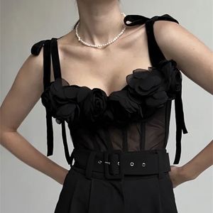 TWOTYLE moda coreana nera gilet con lacci per le donne scollo a V senza maniche canotte solide abbigliamento estivo femminile stile 220519