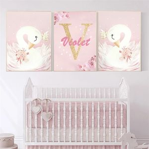 Personalizzato Baby Name Poster Personalizzato Nursery Pink For Girl Camera da letto Canvas Painting Swan Cartoon Kids Wall Pictures Art 220614