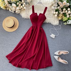 FMFSSOM Summer V-neck Sexy Open Back Red Dress Women Knee-length Bohemian Style Solid Spaghetti Strap Party Clothing 220420