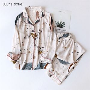 7 월의 노래 100 % Viscose 여성 잠옷 캐주얼 긴 소매 잠옷 세트 인쇄 주머니 여름 멋진 파자마 정장 Fammel 220329