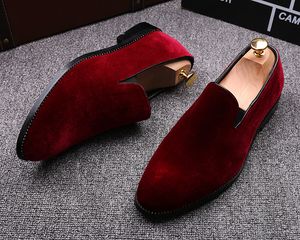 Designer-New mens velvet dress shoes loafers pointed wedding casual shoes Red green black shoes