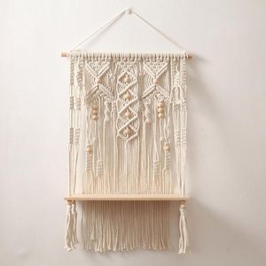Tapisserier Macrame Tapestry Rack Handvävd trähylla för vägg Bohemiska dekorativa krukväxter som hänger hylla