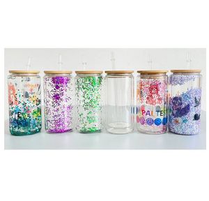 16oz Sublimation Snow Globe Tumblers Double Wall Clear Glass Can With Wooden Lids And Plastic Straws 500ml Blank Water Bottles DIY Heat Transfer Wine Cups