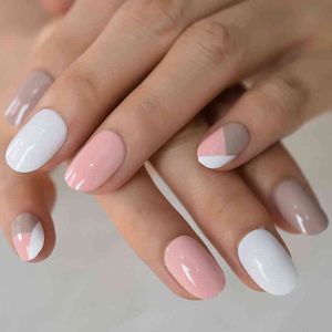 Rosa Runde Nägel großhandel-Nxy false Nails rund gefälschte volle Cover künstliche weiße Pink Presse auf Khaki Kurznägelkunst Tipps Designer
