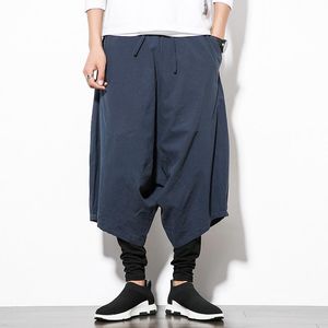 Calça masculina estilo de moda de verão masculino harém de gripes largos solteiros grandes calças cortadas bloomers de pernas largas linho chinês