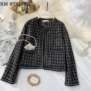 Damenjacken Weibliche kurze Jacke Femininer Mantel 2022 Herbst/Winter Elegante Frauen Schwarz-Weiß-Hahnentritt-Tops Rundhals-Tweed