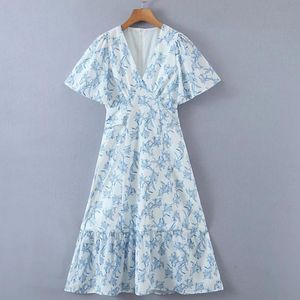 Casual Dresses Withered 2022 Indie Folk Vintage Floral Print Sashes V-Neck Loose Beach Dress Women flare Sleeve Fashion Maxi Dress Casual