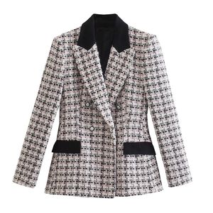여성 재킷 패션 더블 브레스트 트위드 체크 블레이저 코트 빈티지 긴 소매 포켓 여성 겉옷 세련된 재킷 220402